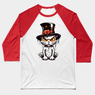 Mystical Enigma: Animated Halloween Cat's Gaze Baseball T-Shirt